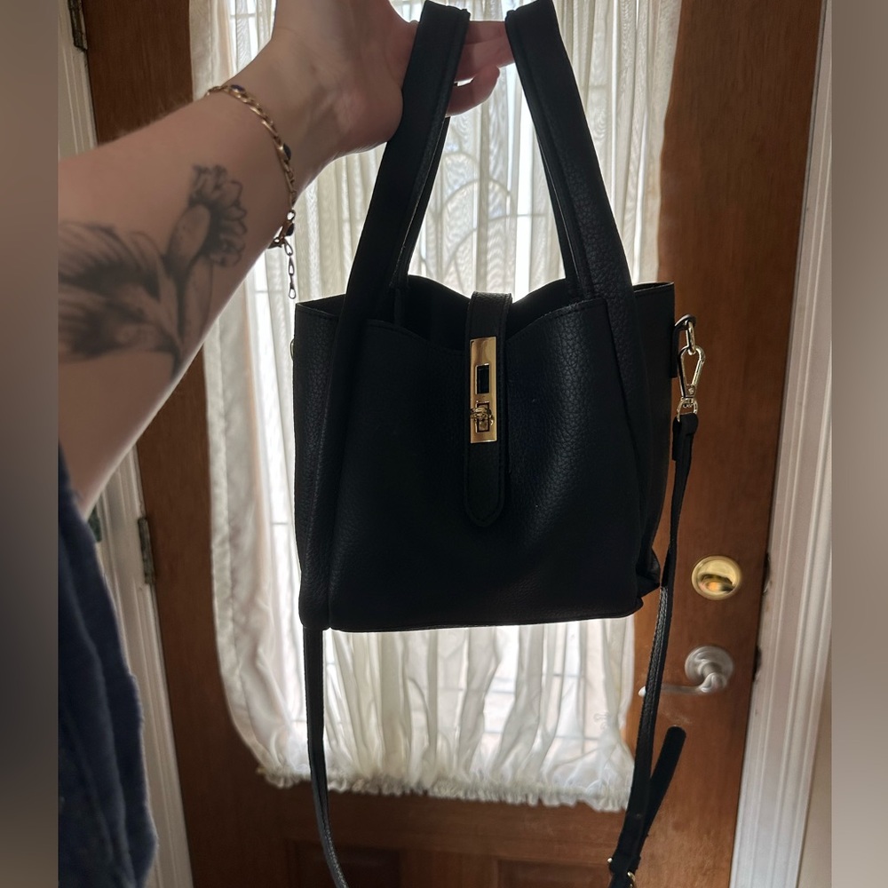 Black Structured Leather Tote Bag with Gold Hardware